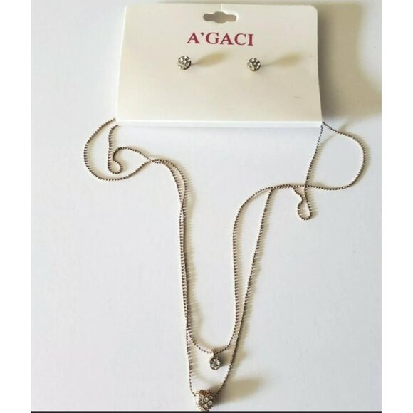 Agaci Womens Gold Tone Necklace Heart Pendant & Earrings Set Sparkling Details - Picture 1 of 3